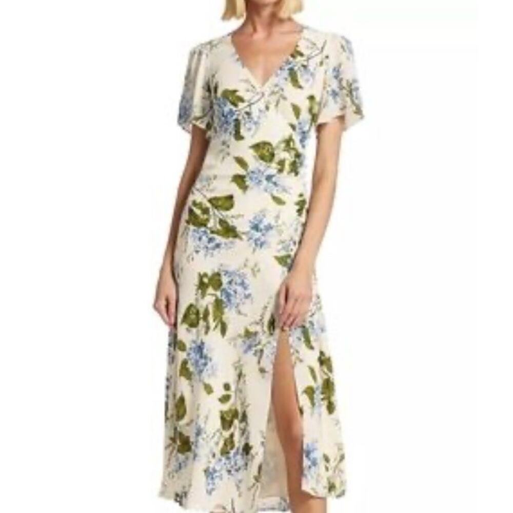 Reformation Breanna Riviera Floral Cream/Blue/Green Midi Slit Dress Size 2
